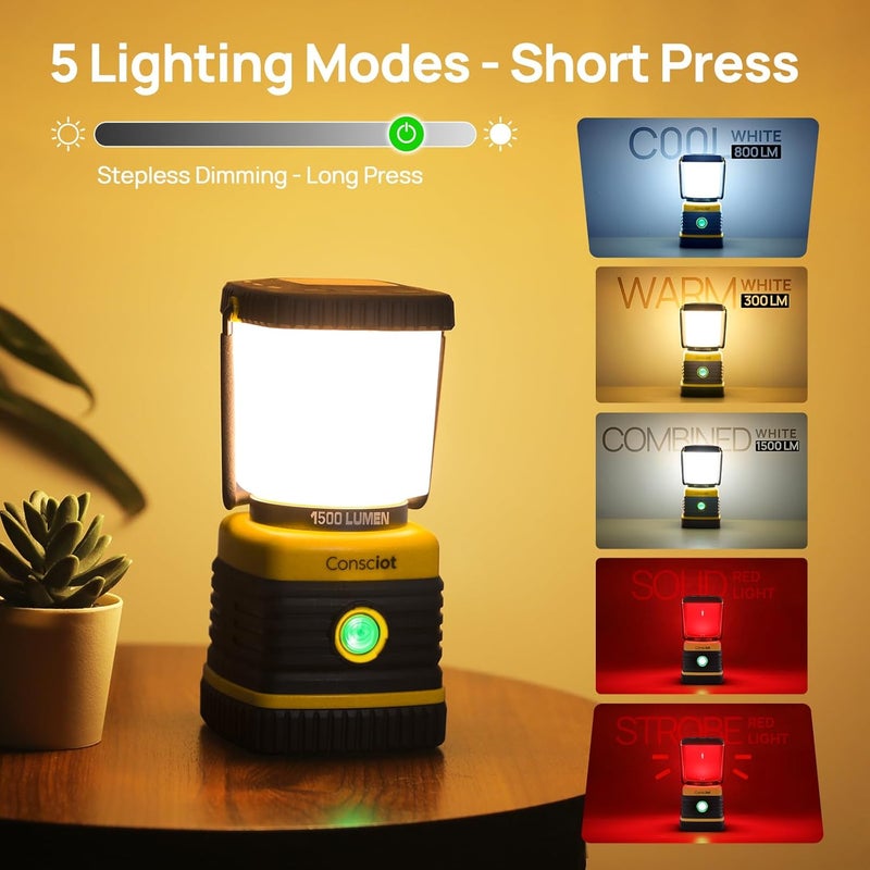 Consciot LED Camping Lantern, C02 USB-C Rechargeable Camping Lights, 1500LM, 5 Light Modes, Up to 100H Run Time, IPX4 Waterproof, Dimmable Tent Lights for Power Outages - Image 3